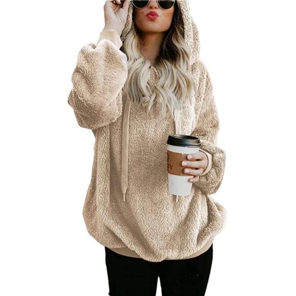Womens Oversized Sherpa Pullover Hoodie with Pockets Fuzzy Fleece Sweatshirt - Picture 2 of 6